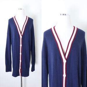 Equipment Size L Cashmere Cardigan Sweater Button Front Navy Red White Stripe